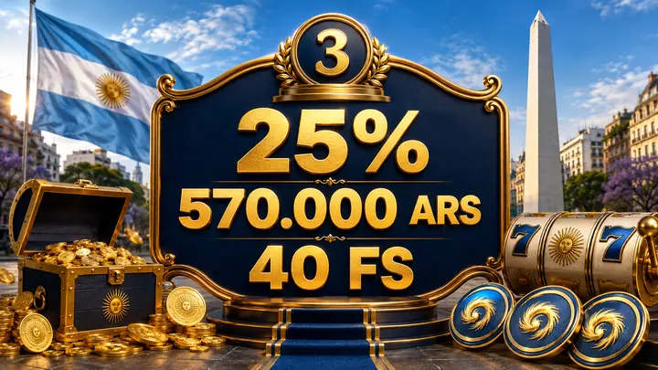Tercer deposito de casino 25 por ciento hasta 570000 ARS y 40 FS